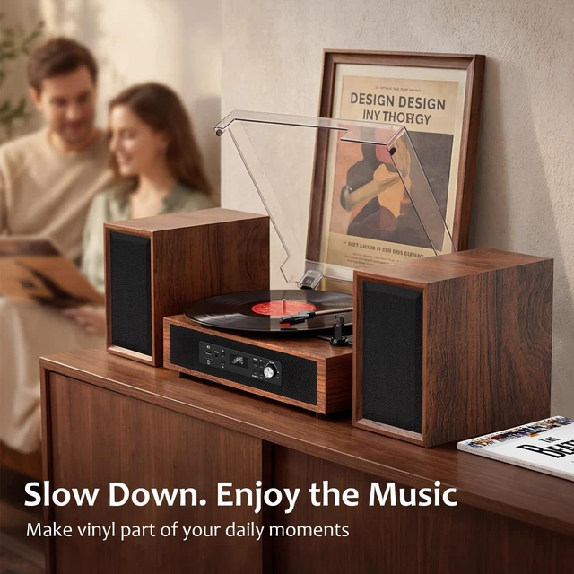 Alt view image 5 of 7 - Vinyl Record Player, 4+2 External Stereo Speakers, Brown, (6 Speakers) 3-Speed Belt-Drive Turntable, HiFi Sound, USB/SD Recording Vinyl to Digital, RCA & Headphone Out AUX-in
