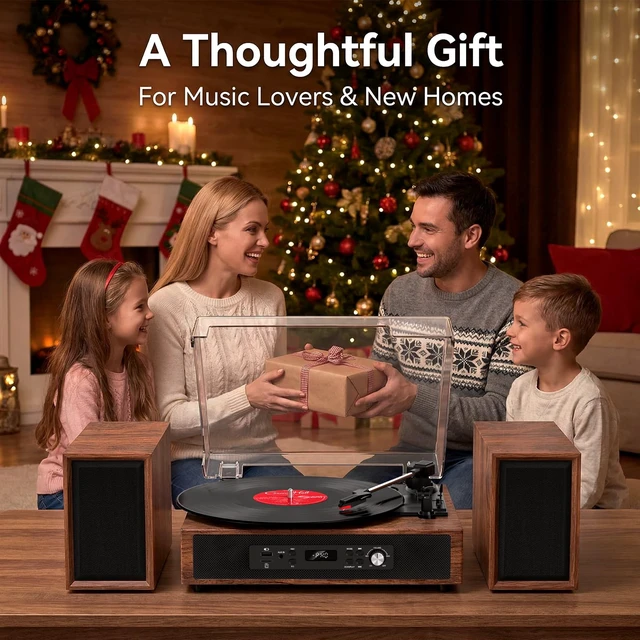 Alt view image 6 of 7 - Vinyl Record Player, 4+2 External Stereo Speakers, Brown, (6 Speakers) 3-Speed Belt-Drive Turntable, HiFi Sound, USB/SD Recording Vinyl to Digital, RCA & Headphone Out AUX-in