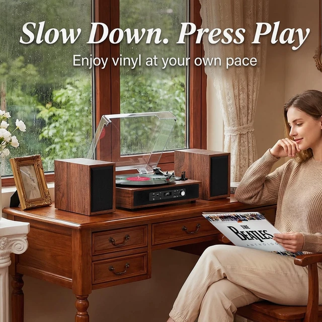 Alt view image 7 of 7 - Vinyl Record Player, 4+2 External Stereo Speakers, Brown, (6 Speakers) 3-Speed Belt-Drive Turntable, HiFi Sound, USB/SD Recording Vinyl to Digital, RCA & Headphone Out AUX-in