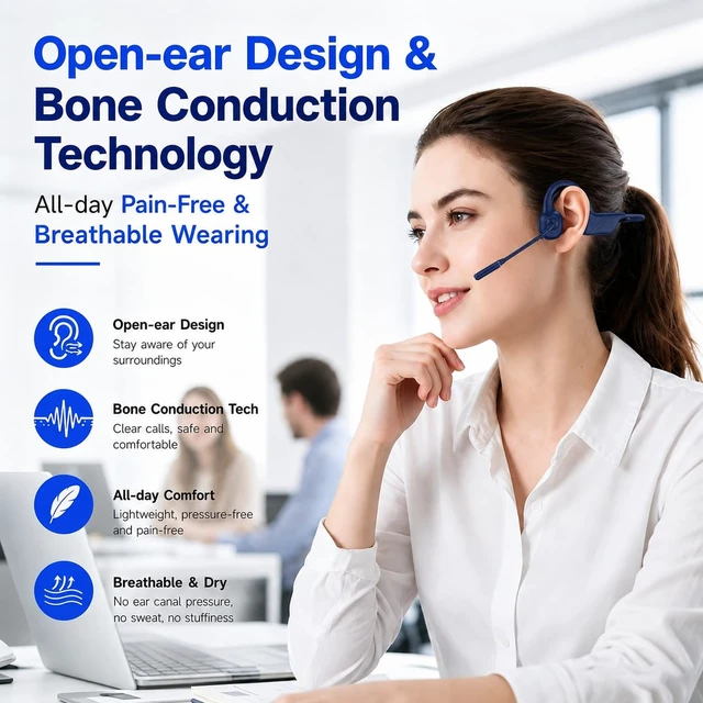 Alt view image 4 of 7 - Open-Ear Headphones with Noise-Canceling Mic, Bone Conduction Headphones AI ENC Noise Cancellation, One-Click Mute, Magnetic Charging, Bluetooth 6.0, Dual Device Connection, for Drivers Learners