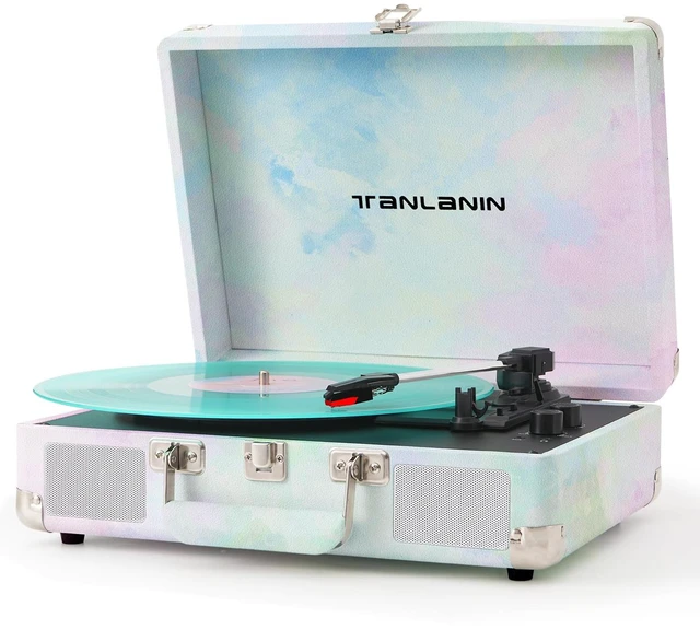 Main image of Watercolor Record Player with Speakers, Bass/Treble Control, Green Vintage portable suitcase turntable Bluetooth input, 3-speed auto stop, RCA/AUX/headphone jack, home décor gift for dorms