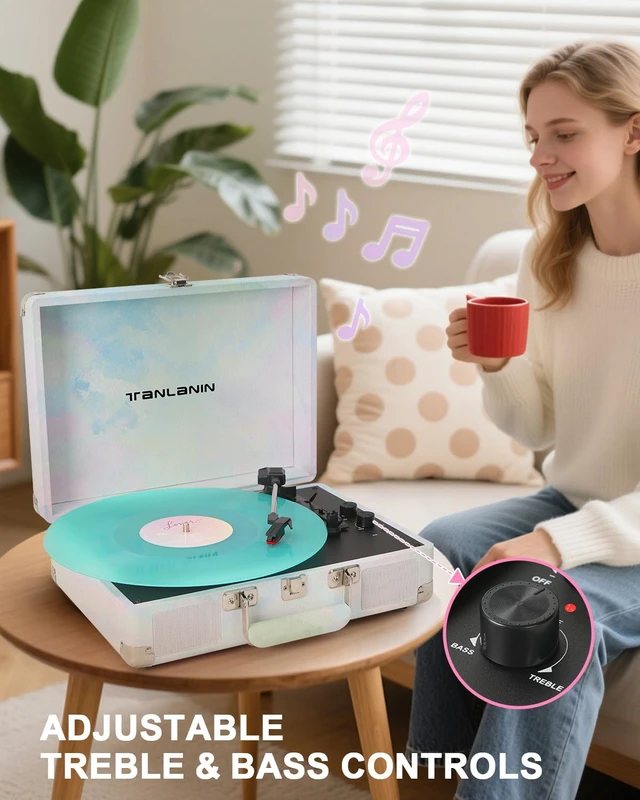 Alt view image 3 of 7 - Watercolor Record Player with Speakers, Bass/Treble Control, Green Vintage portable suitcase turntable Bluetooth input, 3-speed auto stop, RCA/AUX/headphone jack, home décor gift for dorms