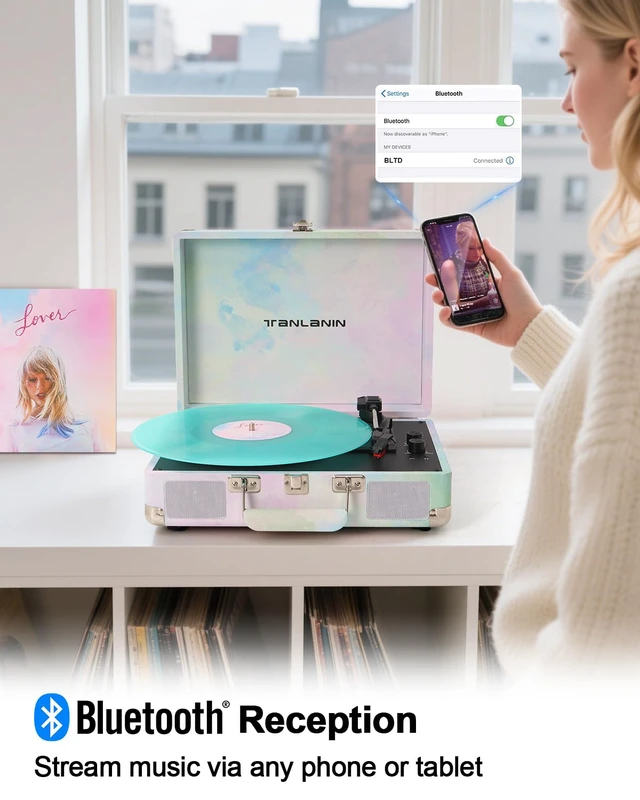 Alt view image 4 of 7 - Watercolor Record Player with Speakers, Bass/Treble Control, Green Vintage portable suitcase turntable Bluetooth input, 3-speed auto stop, RCA/AUX/headphone jack, home décor gift for dorms