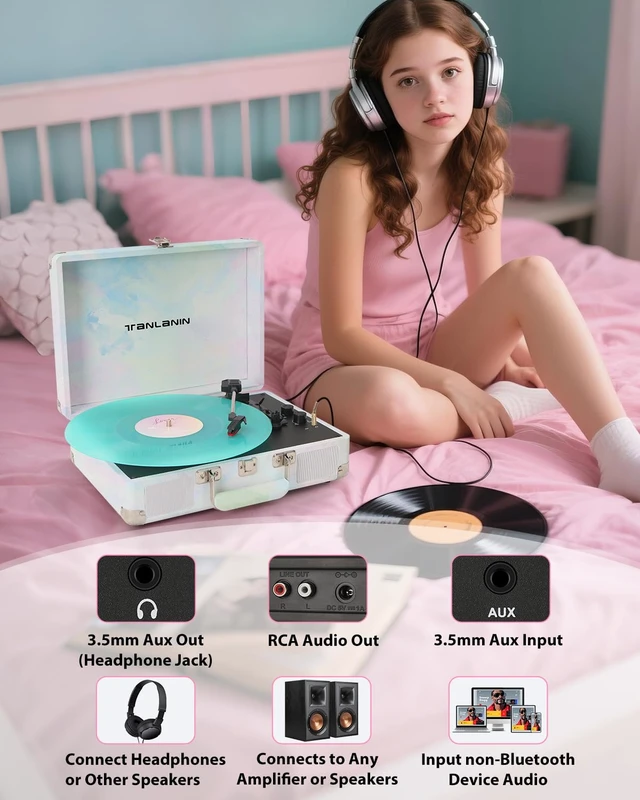 Alt view image 6 of 7 - Watercolor Record Player with Speakers, Bass/Treble Control, Green Vintage portable suitcase turntable Bluetooth input, 3-speed auto stop, RCA/AUX/headphone jack, home décor gift for dorms