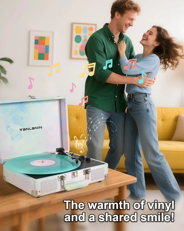 Alt view image 7 of 7 - Watercolor Record Player with Speakers, Bass/Treble Control, Green Vintage portable suitcase turntable Bluetooth input, 3-speed auto stop, RCA/AUX/headphone jack, home décor gift for dorms