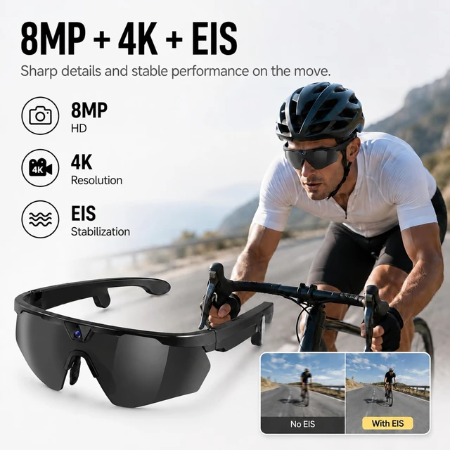 Alt view image 3 of 7 - AI Sports Smart Glasses with Camera, 4K EIS, Bluetooth, Cycling Sunglasses Real-Time Translation, AI Object Recognition, Open-Ear Speakers, AI Assistant, Bluetooth Calling, IP66 Water Resistance