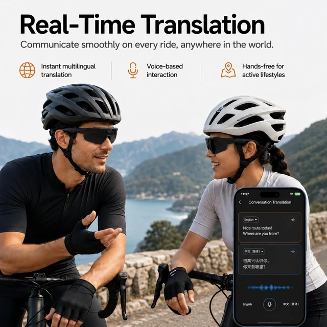 Alt view image 4 of 7 - AI Sports Smart Glasses with Camera, 4K EIS, Bluetooth, Cycling Sunglasses Real-Time Translation, AI Object Recognition, Open-Ear Speakers, AI Assistant, Bluetooth Calling, IP66 Water Resistance