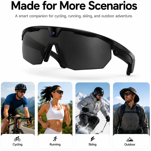 Alt view image 6 of 7 - AI Sports Smart Glasses with Camera, 4K EIS, Bluetooth, Cycling Sunglasses Real-Time Translation, AI Object Recognition, Open-Ear Speakers, AI Assistant, Bluetooth Calling, IP66 Water Resistance