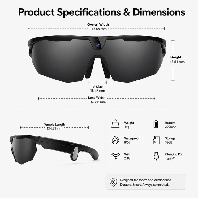 Alt view image 7 of 7 - AI Sports Smart Glasses with Camera, 4K EIS, Bluetooth, Cycling Sunglasses Real-Time Translation, AI Object Recognition, Open-Ear Speakers, AI Assistant, Bluetooth Calling, IP66 Water Resistance