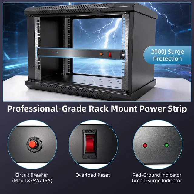 Alt view image 2 of 7 - 8 Outlet 1U Rack Mount PDU Power Strip 2000J Surge 8 AC Outlets, 1U Space Saving, 2000J Surge Protection, 6ft 14AWG Cord, Fits 19-inch Network Server Racks