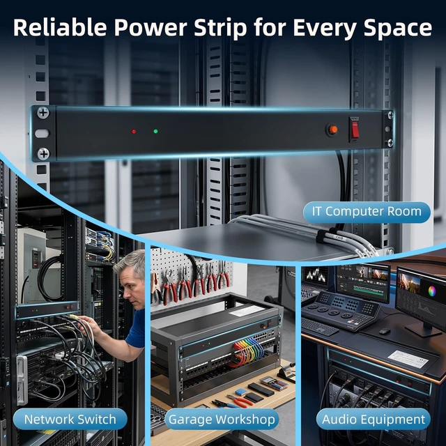 Alt view image 5 of 7 - 8 Outlet 1U Rack Mount PDU Power Strip 2000J Surge 8 AC Outlets, 1U Space Saving, 2000J Surge Protection, 6ft 14AWG Cord, Fits 19-inch Network Server Racks