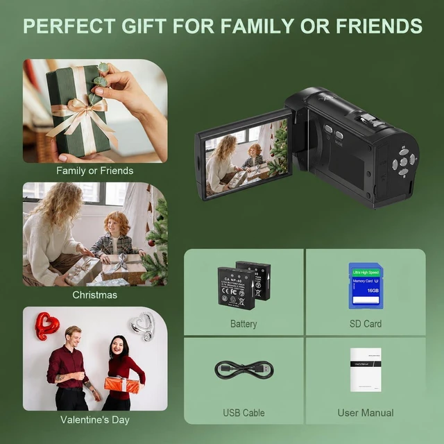 Alt view image 7 of 7 - 2.7K Video Camera QHD 56MP Camcorder 16X Digital Zoom Vlogging Cameras for YouTube 270 Degree Rotation Screen Camcorders Webcam with 16G SD Card and 2 Batteries