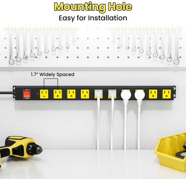 Alt view image 2 of 7 - 10 Outlet Metal Power Strip with 2100J Surge Protector, Heavy Duty 6FT Extension Cord, Wide Spaced Outlets and Wall Mount for Garage, Workshop, Industrial, Home, Ideal Gift for Father (6ft)