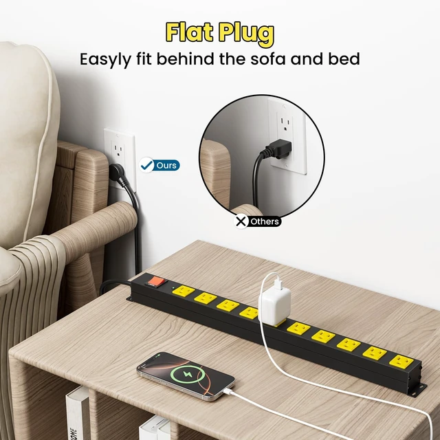 Alt view image 3 of 7 - 10 Outlet Metal Power Strip with 2100J Surge Protector, Heavy Duty 6FT Extension Cord, Wide Spaced Outlets and Wall Mount for Garage, Workshop, Industrial, Home, Ideal Gift for Father (6ft)