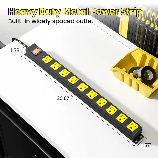 Alt view image 4 of 7 - 10 Outlet Metal Power Strip with 2100J Surge Protector, Heavy Duty 6FT Extension Cord, Wide Spaced Outlets and Wall Mount for Garage, Workshop, Industrial, Home, Ideal Gift for Father (6ft)
