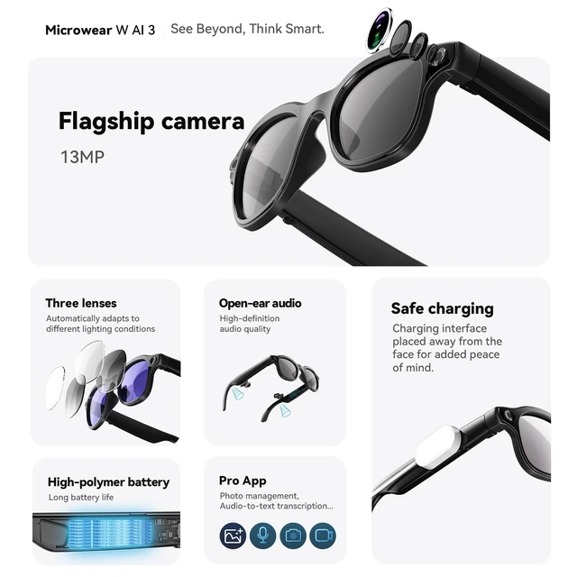 Alt view image 2 of 7 - Smart AI Glasses with Camera, 1080P HD Video & 8MP Photo Capture, Real-Time Translation, Recording Glasses, Wireless Charging, Voice Assistant, Open-Ear Audio, Object Recognition, Bluetooth, 3 Lens