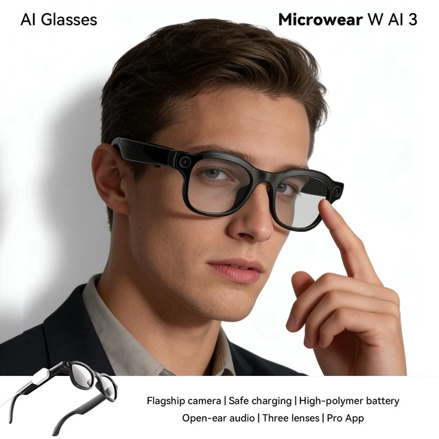 Alt view image 3 of 7 - Smart AI Glasses with Camera, 1080P HD Video & 8MP Photo Capture, Real-Time Translation, Recording Glasses, Wireless Charging, Voice Assistant, Open-Ear Audio, Object Recognition, Bluetooth, 3 Lens