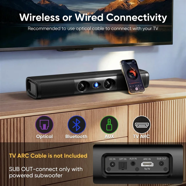 Alt view image 3 of 6 - Sound Bar with Enhanced Bass, Dual Larger Woofer & Dual Bass Ports Sound Bar for Smart TV with 90W Peak Power, 17.1-inch Soundbar with Bluetooth5.3/TV-ARC/Optical/Auxiliary Inputs