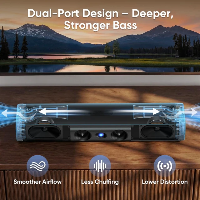 Alt view image 4 of 6 - Sound Bar with Enhanced Bass, Dual Larger Woofer & Dual Bass Ports Sound Bar for Smart TV with 90W Peak Power, 17.1-inch Soundbar with Bluetooth5.3/TV-ARC/Optical/Auxiliary Inputs