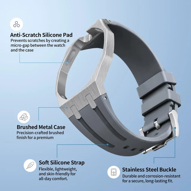 Alt view image 2 of 7 - Luxury Aluminum Case Band Mod Kit Compatible with AP Swatch Royal Pop for Men Women, Lightweight Shockproof Aluminum Bumper Case with Sport Silicone Replacement Strap