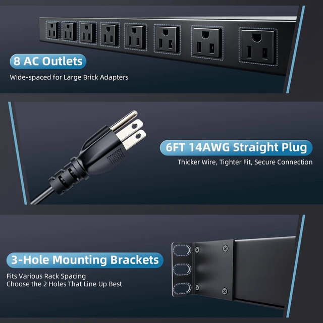 Alt view image 6 of 7 - 8 Outlet 1U Rack Mount PDU Power Strip 2000J Surge 8 AC Outlets, 1U Space Saving, 2000J Surge Protection, 6ft 14AWG Cord, Fits 19-inch Network Server Racks