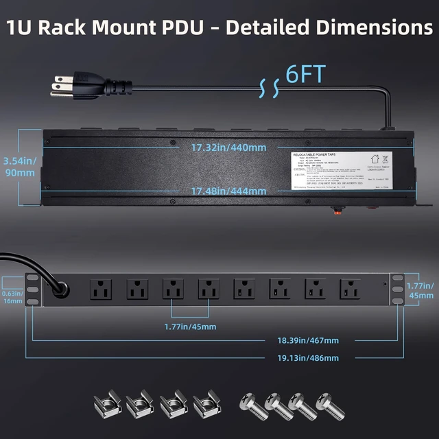 Alt view image 7 of 7 - 8 Outlet 1U Rack Mount PDU Power Strip 2000J Surge 8 AC Outlets, 1U Space Saving, 2000J Surge Protection, 6ft 14AWG Cord, Fits 19-inch Network Server Racks