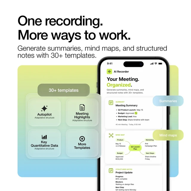 Alt view image 5 of 7 - AI Voice Recorder 64GB, Pocket Note Taking Device, Transcribes, 13h Battery GPT-5 transcription for meetings, lectures & calls, mind maps, summaries, translates 125 languages, app-controlled