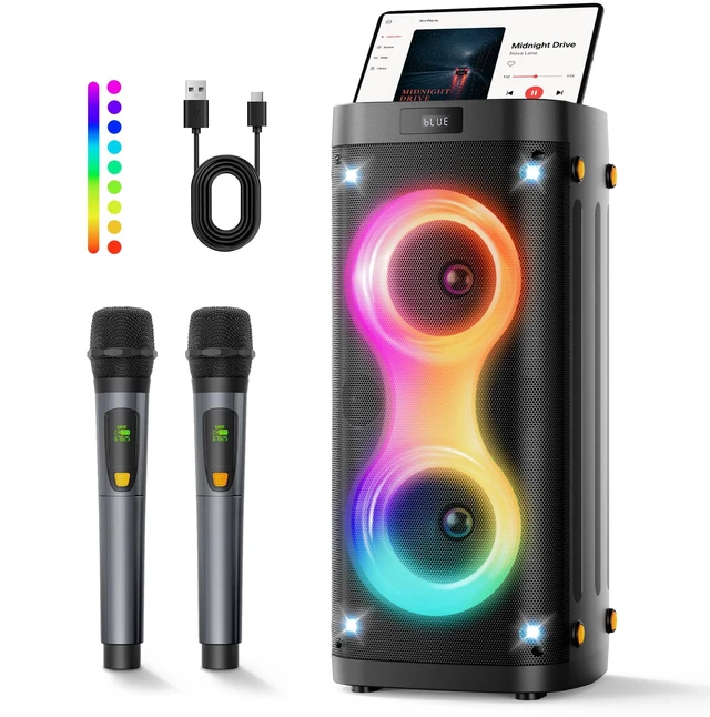 Main image of Bluetooth Party Speaker with 2 Rechargeable Wireless Microphones Portable PA System with Lights, Floorstanding Speaker Supports USB/TF Card/TWS/AUX for Family Party Home Karaoke