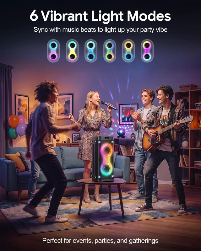 Alt view image 4 of 7 - Bluetooth Party Speaker with 2 Rechargeable Wireless Microphones Portable PA System with Lights, Floorstanding Speaker Supports USB/TF Card/TWS/AUX for Family Party Home Karaoke