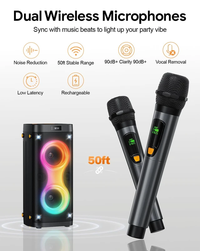 Alt view image 3 of 7 - Bluetooth Party Speaker with 2 Rechargeable Wireless Microphones Portable PA System with Lights, Floorstanding Speaker Supports USB/TF Card/TWS/AUX for Family Party Home Karaoke