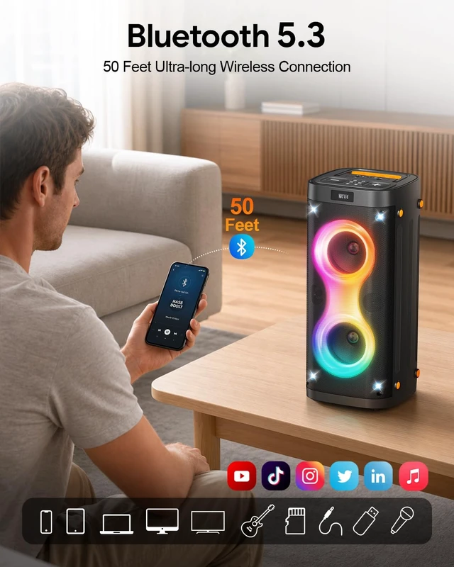 Alt view image 5 of 7 - Bluetooth Party Speaker with 2 Rechargeable Wireless Microphones Portable PA System with Lights, Floorstanding Speaker Supports USB/TF Card/TWS/AUX for Family Party Home Karaoke