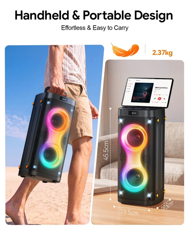 Alt view image 6 of 7 - Bluetooth Party Speaker with 2 Rechargeable Wireless Microphones Portable PA System with Lights, Floorstanding Speaker Supports USB/TF Card/TWS/AUX for Family Party Home Karaoke