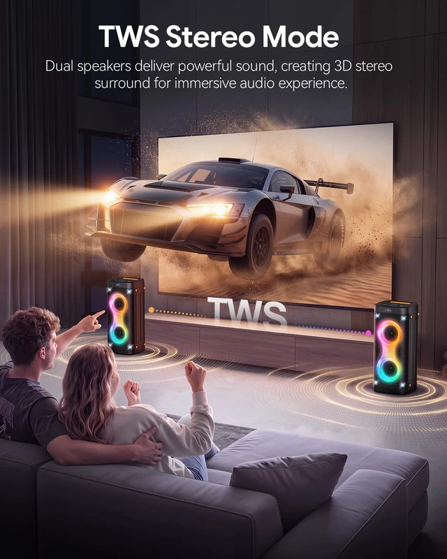 Alt view image 7 of 7 - Bluetooth Party Speaker with 2 Rechargeable Wireless Microphones Portable PA System with Lights, Floorstanding Speaker Supports USB/TF Card/TWS/AUX for Family Party Home Karaoke