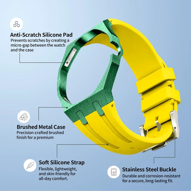Alt view image 2 of 7 - Luxury Aluminum Case Band Mod Kit Compatible with AP Swatch Royal Pop for Men Women, Lightweight Shockproof Aluminum Bumper Case with Sport Silicone Replacement Strap