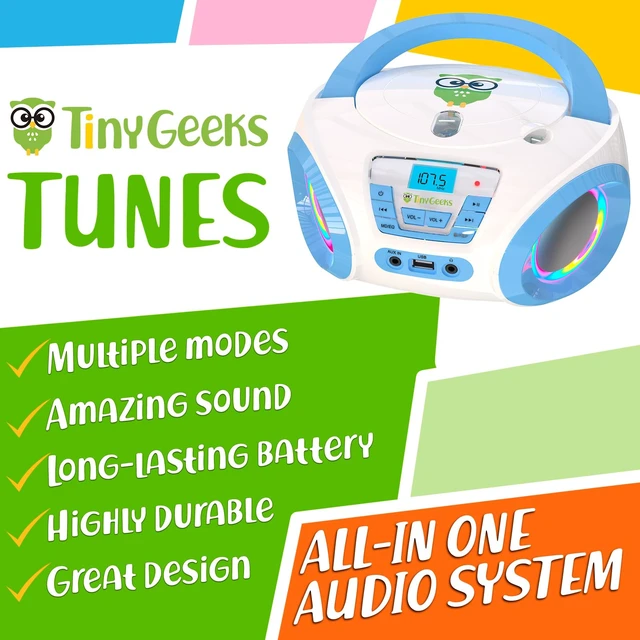 Alt view image 2 of 6 - Tunes Kids Boombox CD Player for Kids - NEW 2023 - FM Radio - Batteries Included - Cute white Radio cd Player with Speakers for Kids and Toddlers - Blue