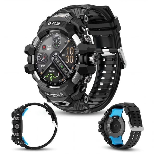 Main image of Smart Watch for Men with Built-in GPS, 1.43" AMOLED Fitness Tracker with Bluetooth Calling, Dual LED Flashlight, Compass Altimeter Barometer, IP68 Rugged Outdoor Watch, Black