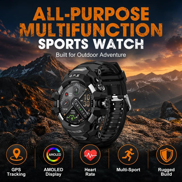 Alt view image 2 of 7 - Smart Watch for Men with Built-in GPS, 1.43" AMOLED Fitness Tracker with Bluetooth Calling, Dual LED Flashlight, Compass Altimeter Barometer, IP68 Rugged Outdoor Watch, Black