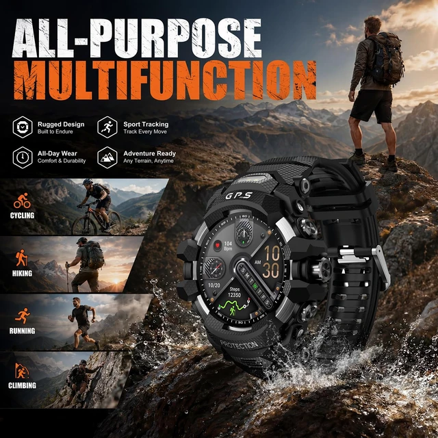 Alt view image 3 of 7 - Smart Watch for Men with Built-in GPS, 1.43" AMOLED Fitness Tracker with Bluetooth Calling, Dual LED Flashlight, Compass Altimeter Barometer, IP68 Rugged Outdoor Watch, Black