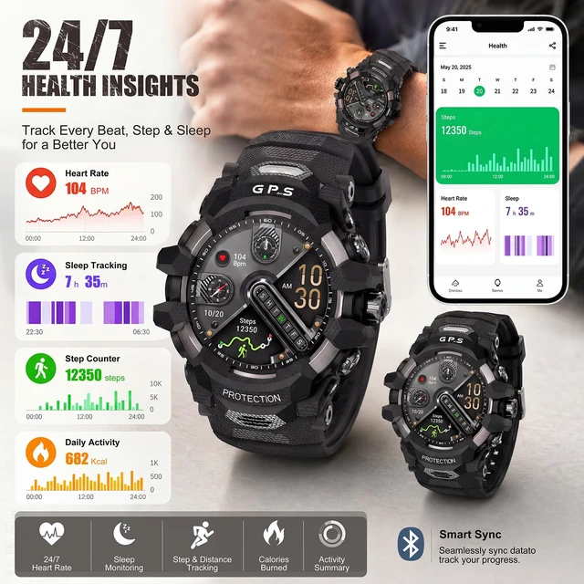 Alt view image 4 of 7 - Smart Watch for Men with Built-in GPS, 1.43" AMOLED Fitness Tracker with Bluetooth Calling, Dual LED Flashlight, Compass Altimeter Barometer, IP68 Rugged Outdoor Watch, Black