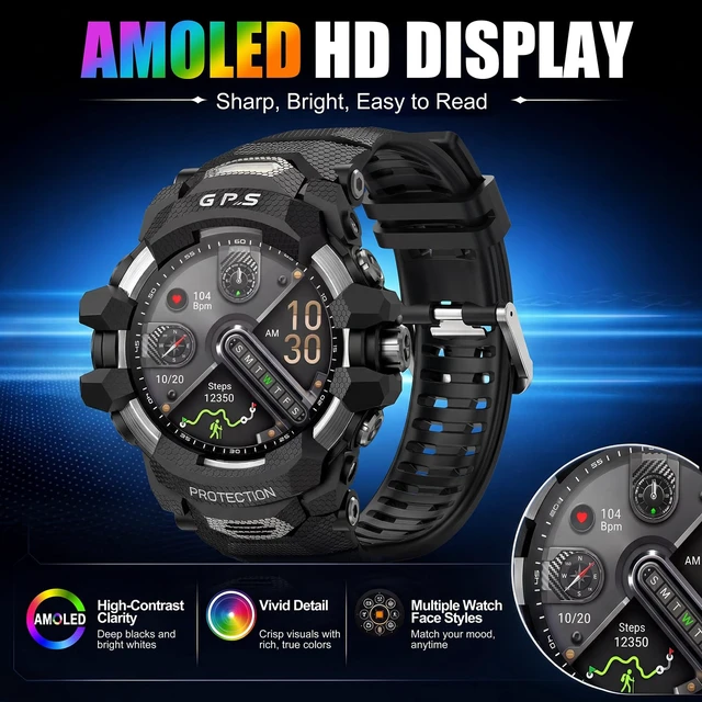 Alt view image 5 of 7 - Smart Watch for Men with Built-in GPS, 1.43" AMOLED Fitness Tracker with Bluetooth Calling, Dual LED Flashlight, Compass Altimeter Barometer, IP68 Rugged Outdoor Watch, Black