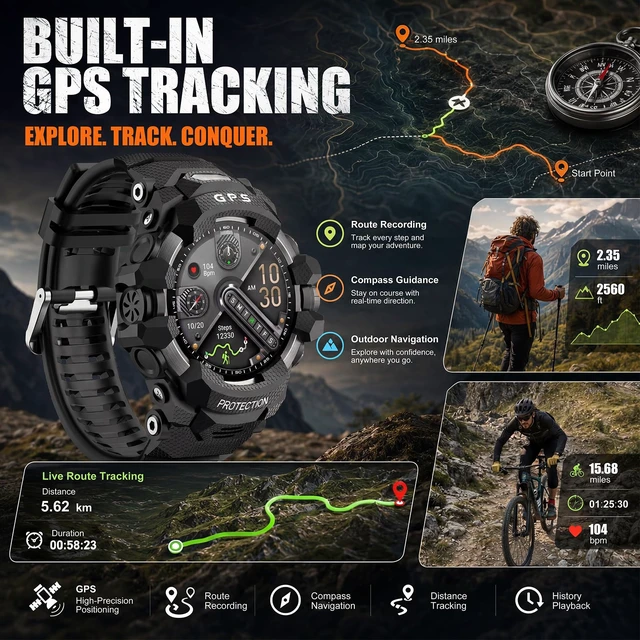 Alt view image 6 of 7 - Smart Watch for Men with Built-in GPS, 1.43" AMOLED Fitness Tracker with Bluetooth Calling, Dual LED Flashlight, Compass Altimeter Barometer, IP68 Rugged Outdoor Watch, Black