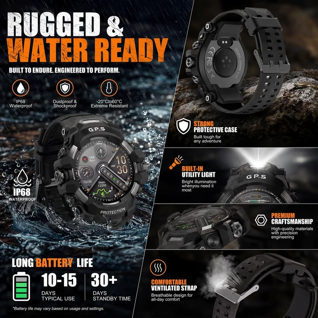 Alt view image 7 of 7 - Smart Watch for Men with Built-in GPS, 1.43" AMOLED Fitness Tracker with Bluetooth Calling, Dual LED Flashlight, Compass Altimeter Barometer, IP68 Rugged Outdoor Watch, Black
