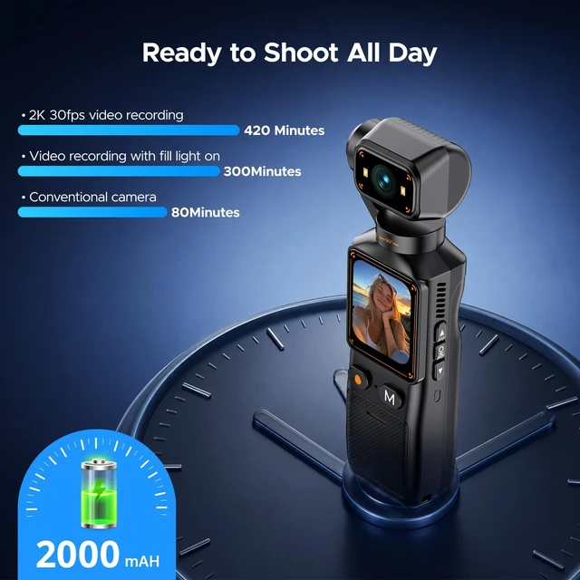 Alt view image 3 of 7 - 2K Vlogging Camera with 360° Rotating Lens, Pocket Camera with 32GB TF Card Handheld Pocket, WiFi App, 7-Hour Battery, 1.69-Inch Screen, 4X Digital Zoom, for YouTube, TikTok, Travel