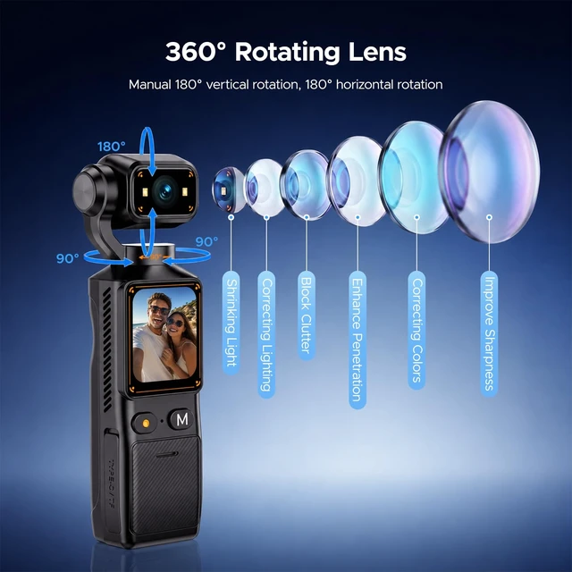 Alt view image 4 of 7 - 2K Vlogging Camera with 360° Rotating Lens, Pocket Camera with 32GB TF Card Handheld Pocket, WiFi App, 7-Hour Battery, 1.69-Inch Screen, 4X Digital Zoom, for YouTube, TikTok, Travel