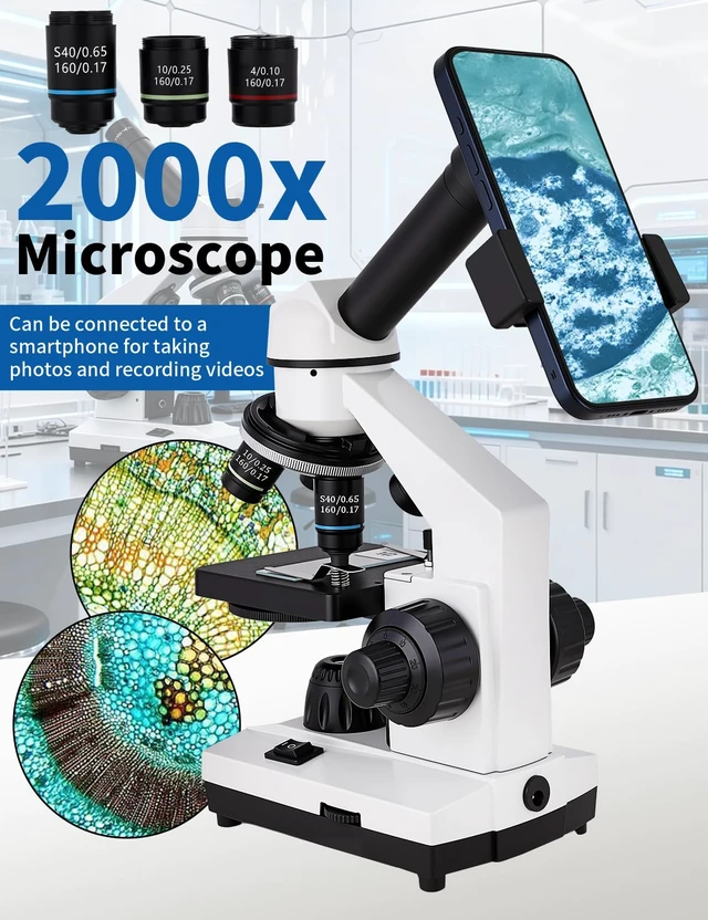 Alt view image 3 of 7 - Microscope for Adults,WF10x/25x Eyepieces,40x2000x Magnification,Up/Down LED,Comes with a Free Experiment Kit & Phone Adapter.Suitable for Students Home and School Lab