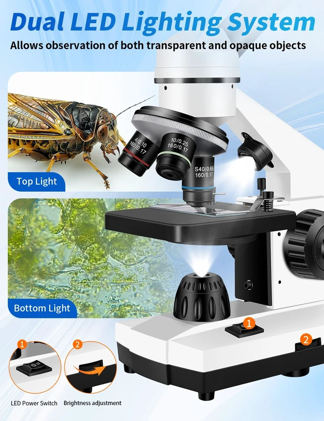Alt view image 4 of 7 - Microscope for Adults,WF10x/25x Eyepieces,40x2000x Magnification,Up/Down LED,Comes with a Free Experiment Kit & Phone Adapter.Suitable for Students Home and School Lab