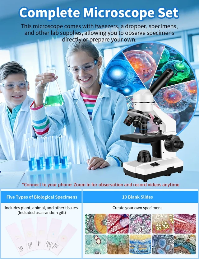 Alt view image 6 of 7 - Microscope for Adults,WF10x/25x Eyepieces,40x2000x Magnification,Up/Down LED,Comes with a Free Experiment Kit & Phone Adapter.Suitable for Students Home and School Lab