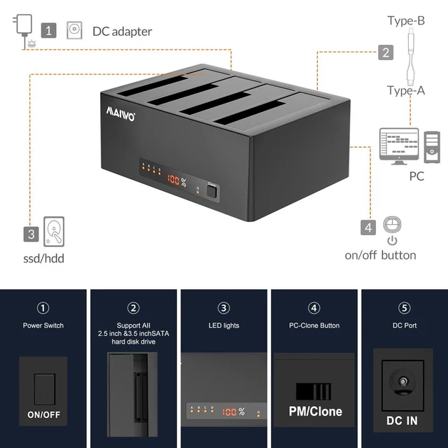 Alt view image 10 of 14 - MAIWO Docking Station 4 Bay for 2.5 3.5 inch SATA External Hard Drive with eSATA Interface, USB 3.0 HDD SSD Cloner Duplicator, 72TB Capacity