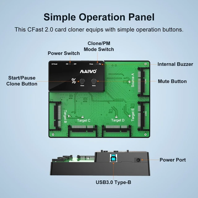 Alt view image 11 of 12 - MAIWO CFast Card Reader with 1-to-4 Offline Clone Function, 5 Bay CFast 2.0 Memory Card to USB 3.0 Adapter 2.5TB Capacity
