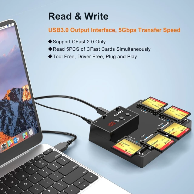 Alt view image 12 of 12 - MAIWO CFast Card Reader with 1-to-4 Offline Clone Function, 5 Bay CFast 2.0 Memory Card to USB 3.0 Adapter 2.5TB Capacity